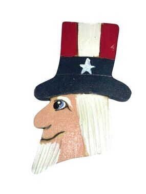 Handcrafted Uncle Sam Wood Patriotic Brooch Pin Red White Blue Vintage Accessory